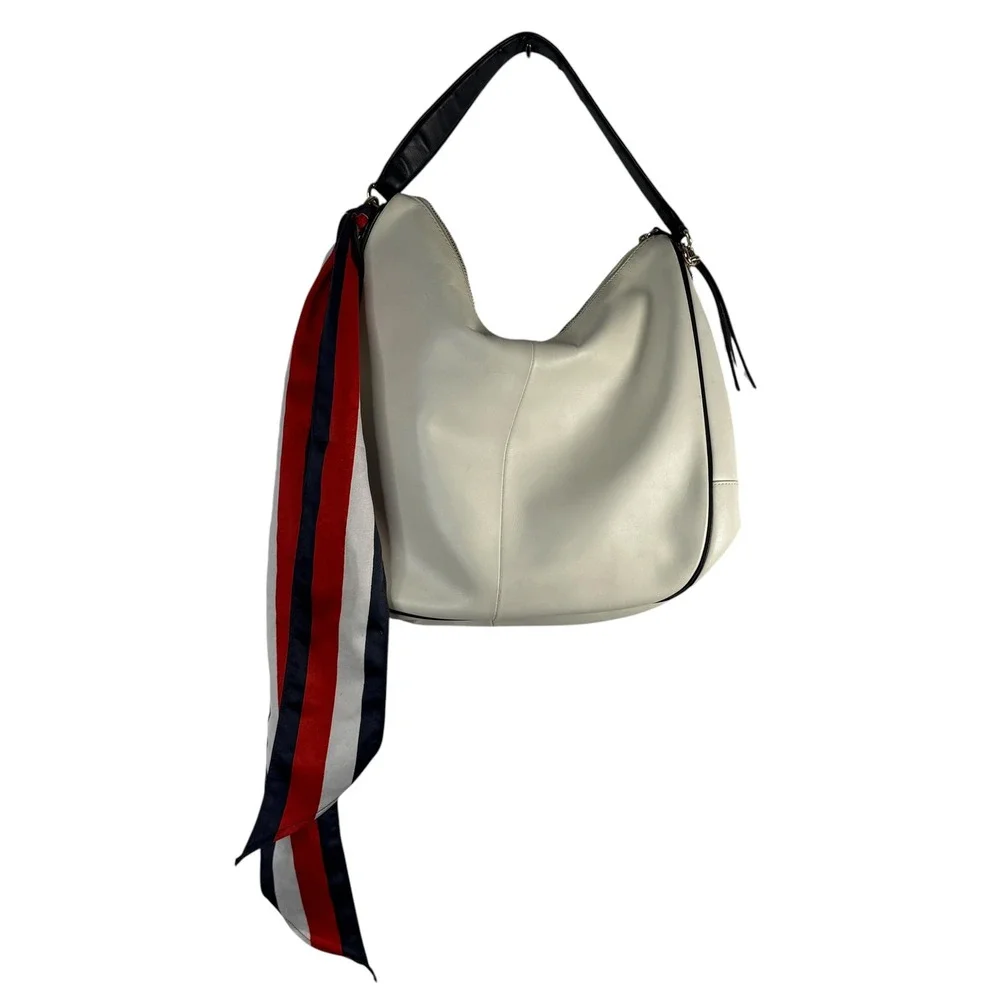 Tommy Hilfiger 100% Leather Cream Hobo Shoulder Bag Scarf‎ Handle White Large